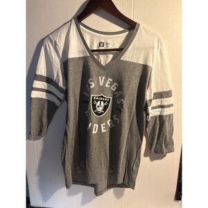 NFL Team Apparel Las Vegas Raiders Womens Grey White 3/4 Sleeve V-Neck Shirt‎ M